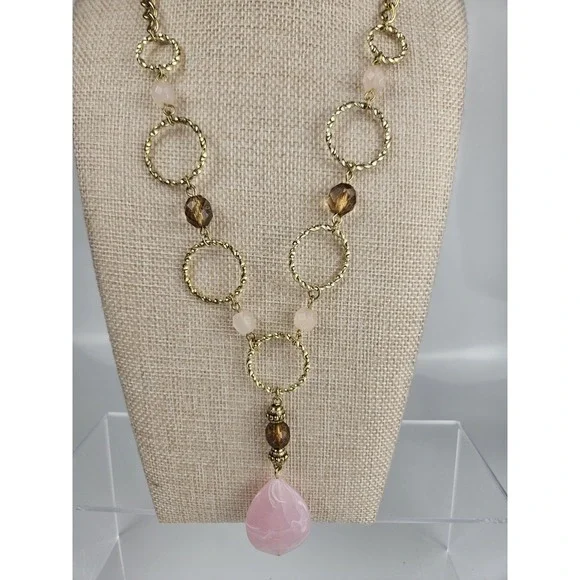 Avon Vintage Pink Art Deco Style Statement Necklace Gold Tone Signed - Picture 2 of 6